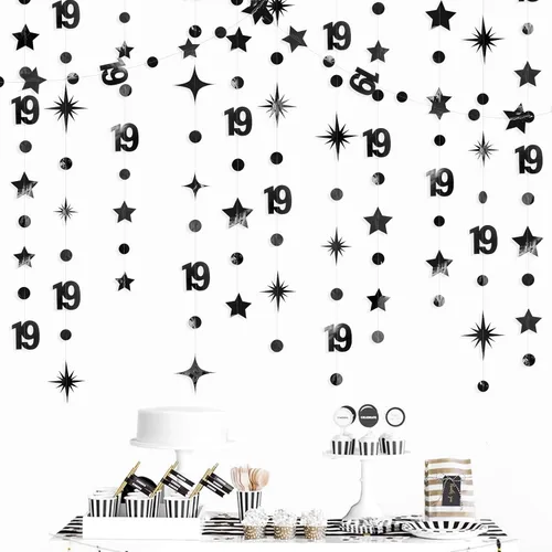 Decoraciones negras de cumpleaños número 19, guirnalda de estrellas y círculos, banderines, telón de fondo para niñas que saludan a 19 años de edad,