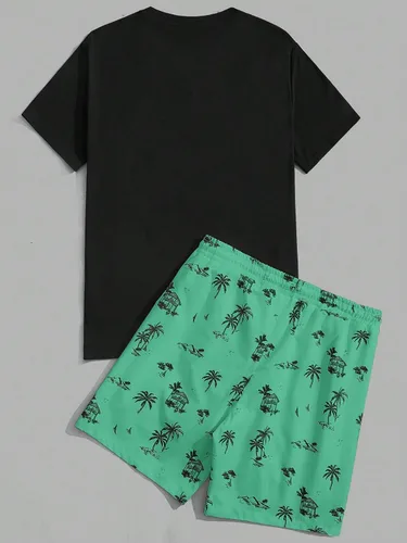 Miniatura 51 de GORGLITTER Conjunto de 2 piezas de camiseta gráfica de manga corta para hombre, estampado hawaiano con cordón y pantalones cortos