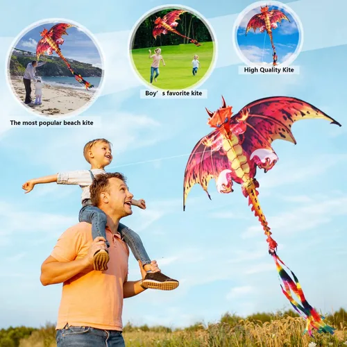 Miniatura 5 de eyijklzo Cometa de dragón verde hermosa y fácil de volar para niños y adultos con cola larga y colorida, accesorios fáciles de volar