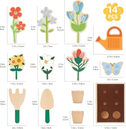 Miniatura 6 de Juego de herramientas de jardín de flores de madera, caja de jardinería y juego de herramientas de jardín, juguetes Montessori, aprendizaje