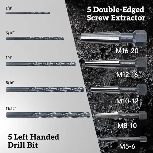 Miniatura 5 de Kit extractor de pernos, 10 piezas extractor de tornillo y broca izquierda Brocas de acero HSS M2, broca inversa y extractor de pernos, elimina