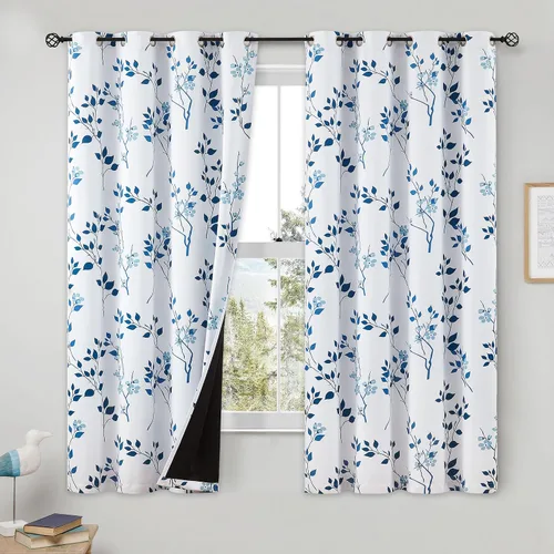 Miniatura 22 de Beauoop Cortinas Florales 100% Opacas de 54 Pulgadas de Largo, 2 Paneles para Dormitorio, Sala de Estar, Azul Gris y Blanco con Patrón de Flores