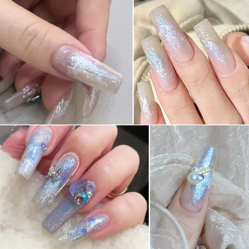 Miniatura 4 de Fcozpjk Juego de purpurina iridiscente para uñas, 6 colores, textura de barro, polvo cromado aurora, purpurina nacarada rosa azul, copos de uñas