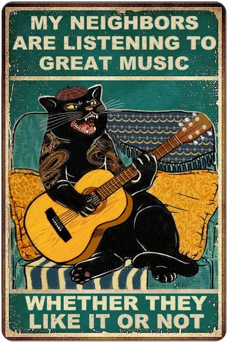 Letreros de metal divertidos con diseño de gato y guitarra, estilo vintage, música rock, decoración de pared, letrero de hojalata para hombre,