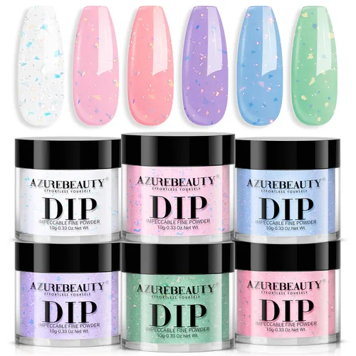 Miniatura 18 de AZUREBEAUTY Juego de uñas en polvo de inmersión, 6 colores con purpurina, rojo, verde, plateado, dorado, kit de iniciación de polvo de inmersión