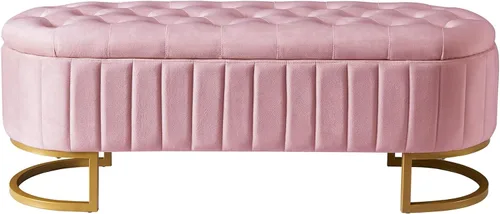 Miniatura 5 de CALABASH Banco otomano de almacenamiento rosa para el extremo de la cama, patas doradas, banco moderno de terciopelo con botones, acolchado tapizado