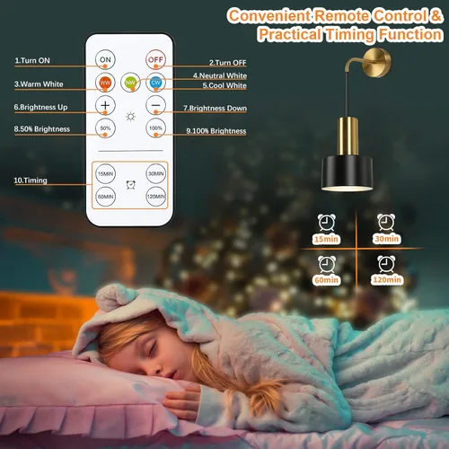 Miniatura 7 de VerRon Juego de 2 apliques de pared a pilas, luces de pared inalámbricas con control remoto, lámparas de pared regulables negras y doradas con Negro