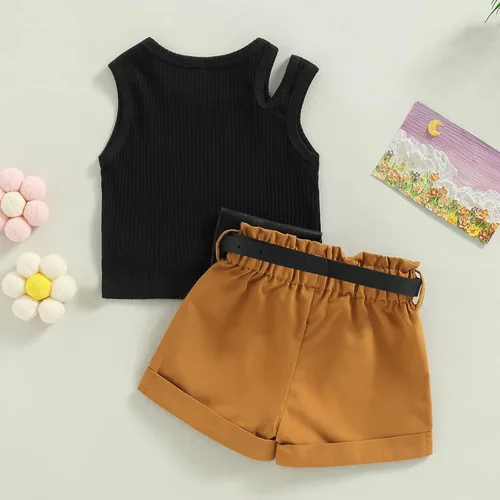 Miniatura 19 de Adobabirl Conjunto de ropa de verano para niña pequeña, sin mangas, acanalada, top halter y pantalones cortos, ropa de moda para niños con cinturón