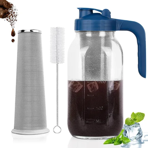 Jarra para hacer café frío, Jarra de vidrio de Mason de 64 onzas de alta resistencia con asa de salida en forma de V y tapa, Filtro de acero Azul