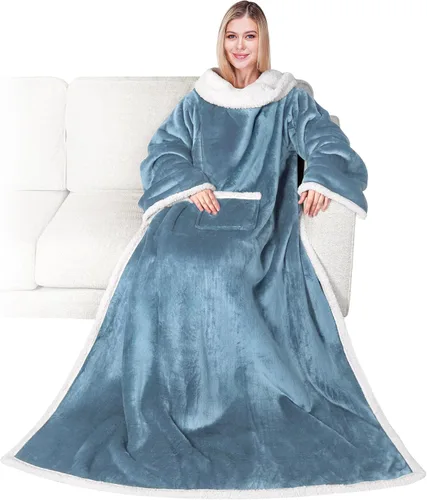 Miniatura 43 de PAVILIA Manta de forro polar con mangas para mujeres y hombres adultos, manta portátil cálida y suave, acogedora con bolsillo para abrazarse, manta