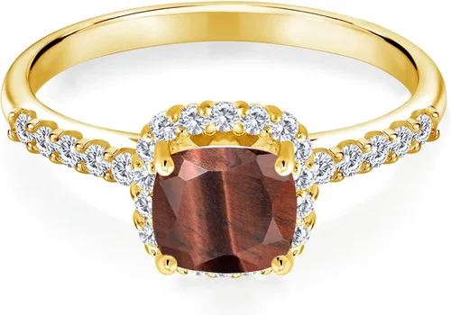Miniatura 2 de Gem Stone King Anillo de oro amarillo de 10 quilates con cojín de ojo de tigre rojo GH cultivado en laboratorio con diamantes cultivados