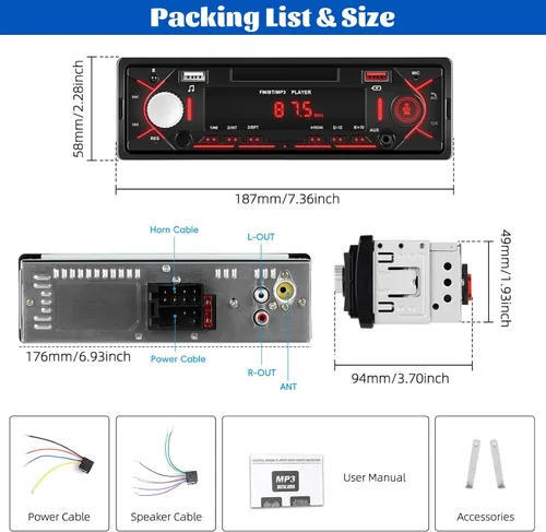 Miniatura 7 de Radio estéreo multimedia Bluetooth de un solo DIN, reproductor de MP3 de audio para automóvil, compatible con llamadas manos libres/USB/FM/TF/AUX