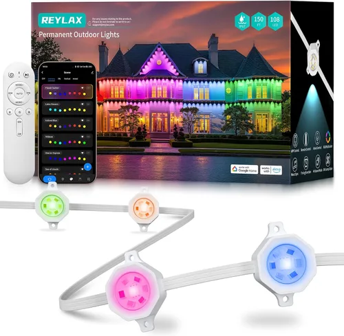 Miniatura 12 de REYLAX Luces permanentes para exteriores de 100 pies con 60 luces LED, luces de alero RGB+IC, IP67 impermeable, múltiples escenas para decoración