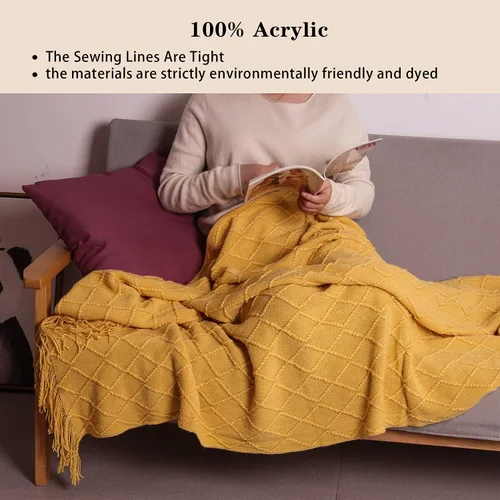Miniatura 3 de Manta suave, cálida y tejida con flecos decorativos, ligera para cama o sofá decorativa (amarillo, 50 x 90 pulgadas)