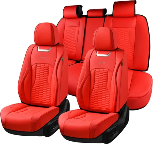 Miniatura 21 de Coverado Juego completo de fundas de asiento de automóvil, fundas rojas para asientos delanteros y traseros, de piel de napa impermeable, cojín