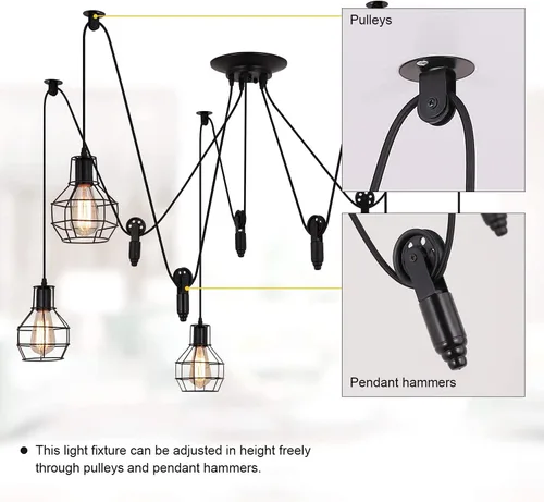 Miniatura 5 de Iluminación colgante industrial de 5 cabezales, lámpara de techo ajustable de estilo vintage de araña semiempotrada, candelabro rústico Edison
