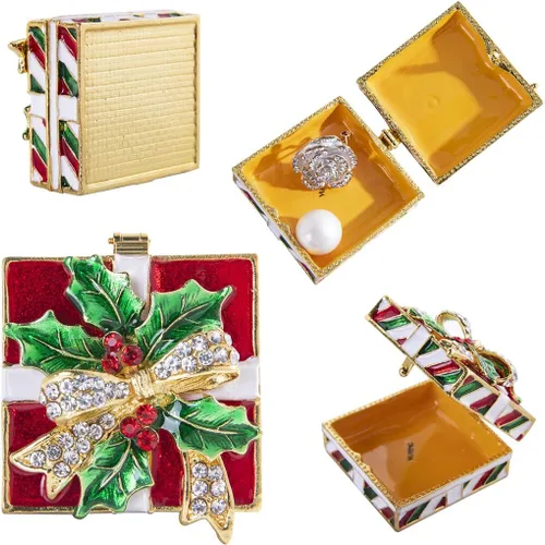 YU FENG Caja de baratija de Navidad con lazo y hojas verdes, decoración de diamantes de imitación esmaltados pintados esmaltados con bisagras para