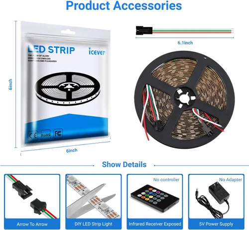 Miniatura 7 de Tira de luces LED WS2812B de 16.4 pies, 5 V, 150 LED RGB IC 5050SMD direccionables individuales – PCB blanco flexible IP30-30LEDs/m MagicRGB Dream