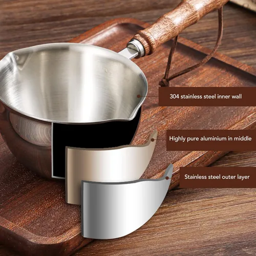 Miniatura 4 de Calentador de 3 capas de acero inoxidable multiusos para leche de chocolate hirviendo con mango de madera, calentador de leche, mini olla de leche