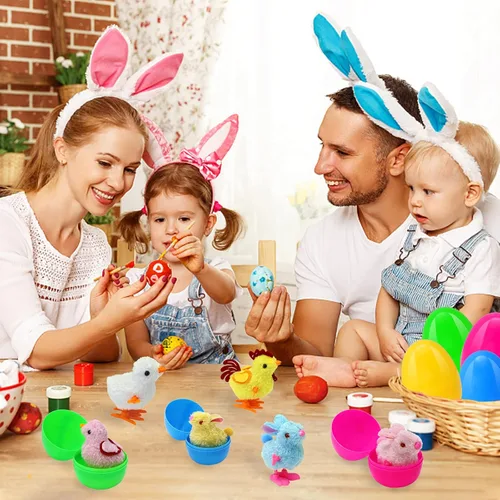 Miniatura 7 de Tuzuaol Paquete de 8 huevos de Pascua precargados con coloridos conejitos y pollitos saltadores de cuerda para rellenos de cestas de Pascua, huevos