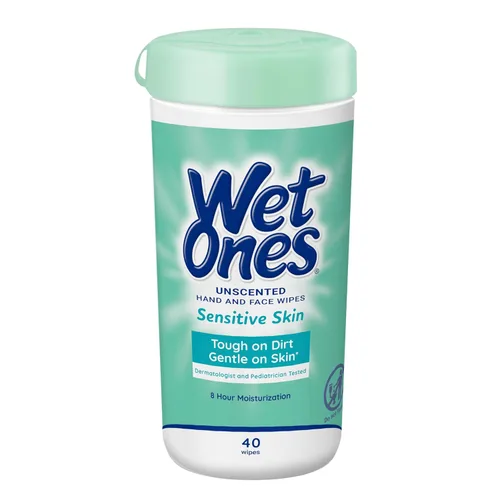 Wet Ones Toallitas para manos y cara, sin perfume, toallitas Wet Ones para piel sensible para manos y cara, recipiente de 40 unidades