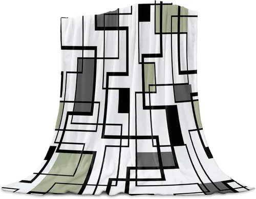 Manta acogedora de franela con diseño geométrico, color negro, gris, verde salvia, arte abstracto, manta ligera de vellón súper suave para sofá,