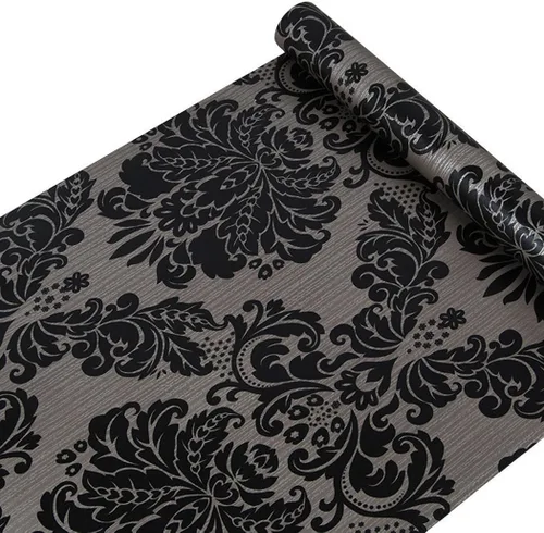 Papel tapiz de damasco negro autoadhesivo para estante, papel de vinilo, papel tapiz de damasco, rollo de papel tapiz de damasco, revestimiento de