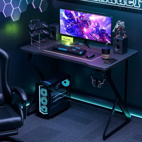 Miniatura 8 de Grandder Escritorio para juegos en forma de Z de 40 pulgadas, estación de trabajo para jugadores, computadora casera, superficie de fibra de Negro