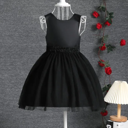 Miniatura 8 de OPAWO Vestido negro para niña pequeña, dama de honor, 3D, tul de encaje, vestido de princesa de satén, vestido de fiesta, concurso, funerario