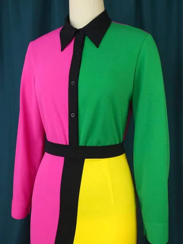 Miniatura 4 de AOMEI Vestido lápiz de manga larga con botones y cintura alta para mujer