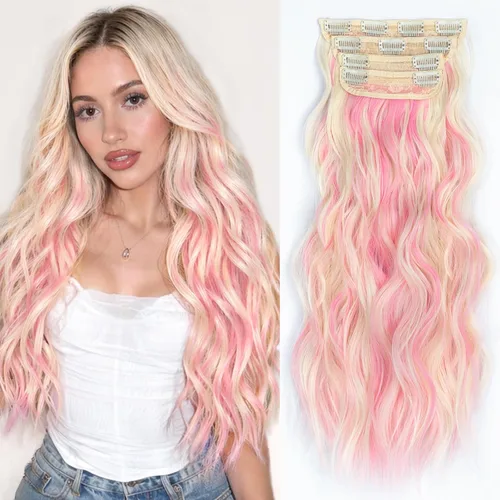 ALXNAN - Extensiones de cabello con pinza, largo y ondulado, de 20 pulgadas, color rubio rosa; extensiones de cabello natural de 4 piezas, con fibra
