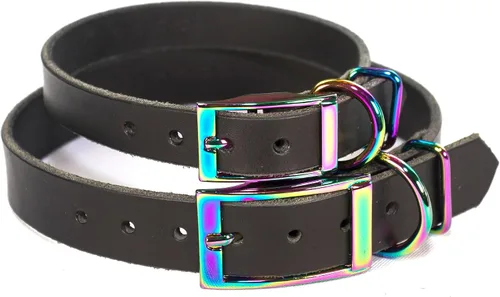 Miniatura 6 de Collar de perro de cuero con brida hecha a mano, grabado arco iris de acero inoxidable (negro)