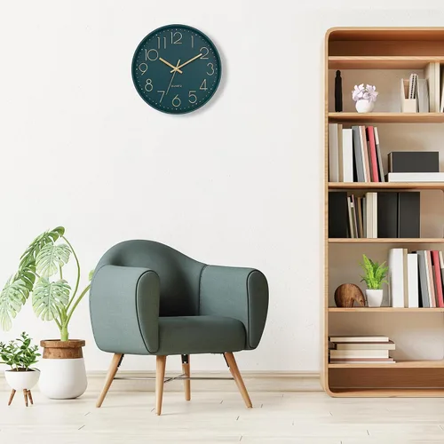 Miniatura 6 de Reloj de pared Lumuasky, moderno, analógico, silencioso, sin tictac, decorativo, de esmeralda, funciona con pilas, para escuela, oficina, aula, Verde