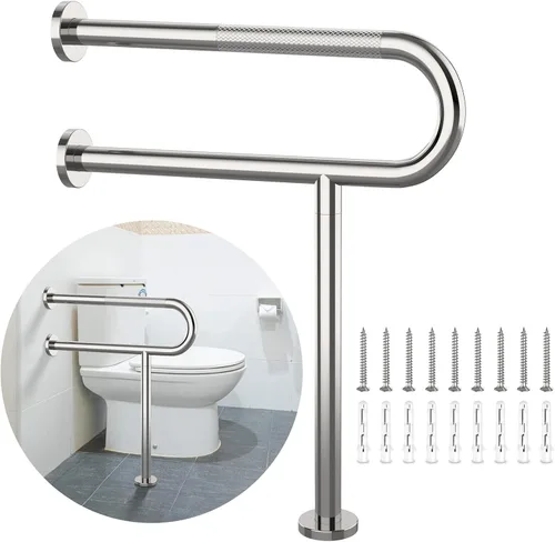 Riel de Soporte para Inodoro de 23.4 x 28 Pulgadas, Munzong Barra de Agarre Cromada Antideslizante para Personas con Discapacidad para Baño, Cromo