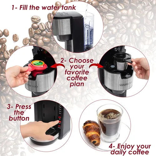 Miniatura 2 de Mixpresso - Cafetera negra para una porción, compatible con cápsulas K-Cup y café molido, cafetera compacta de 30 oz con 5 tamaños de preparación