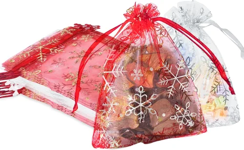 Miniatura 10 de 50 bolsas de organza de Navidad, 4 x 6 pulgadas, pequeñas bolsas de regalo de Navidad con cordón, bolsas de malla para regalo rojo (Red-christmas)
