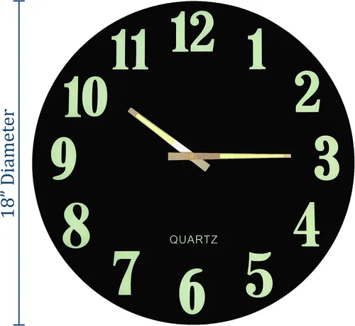 Miniatura 3 de Lulu Decor, Reloj de pared delgado de 18 pulgadas con esfera moderna de cristal negro, manecillas que brillan en la oscuridad y números arábigos