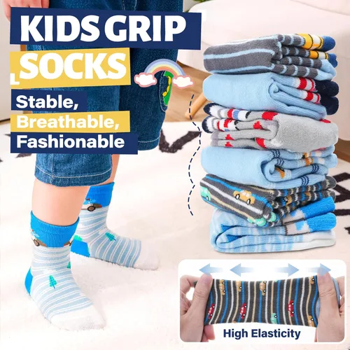 Miniatura 5 de ANTSANG - Calcetines antideslizantes para niños pequeños con agarre, para niños y niñas, diseños divertidos de autos y dinosaurios, 12 pares