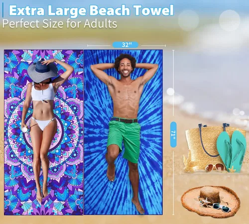 Miniatura 31 de Paquete de 2 toallas de playa ligeras y delgadas de gran tamaño de 71 x 32 pulgadas, toallas grandes de microfibra extra grandes sin arena