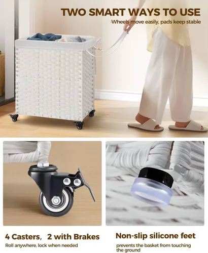 Miniatura 60 de GREENSTELL Cesta para ropa sucia con ruedas y tapa, 130 L, cesta grande de 3 secciones con 2 tipos de bolsas de forro extraíbles, 5 bolsas de malla