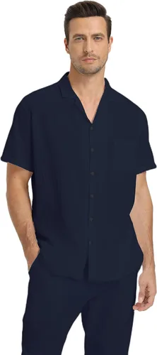 Miniatura 9 de RPOVIG Conjunto de camisa de lino y pantalones: conjuntos de lino de 2 piezas para hombre, camisas de manga corta, pantalones de yoga, trajes