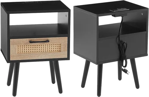 Miniatura 13 de Mesita de noche, mesa auxiliar con cajón decorativo de ratán y patas de madera maciza, mesa decorativa de madera con almacenamiento para dormitorio