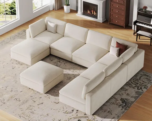 Miniatura 12 de VANOMi Sofá modular, cómodo sofá con marco de madera maciza de 3 asientos, sofá moderno certificado FSC para sala de estar, beige