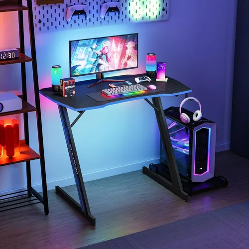 Miniatura 2 de PayLessHere Mesa de Juegos de 35" Azul Escritorio de Computadora en Forma de Z con Marco de Acero, Gancho para Auriculares, Pies Ajustables