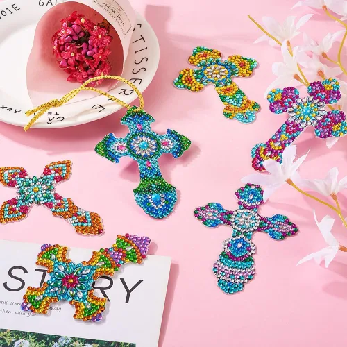 Miniatura 5 de KISSITTY 10 piezas de pintura de diamante con cruz de Pascua para marcapáginas, colgante, decoración de llaveros, collares, fiestas de pared