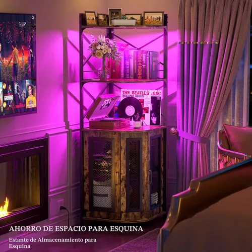 Miniatura 8 de Aheaplus Mueble Bar de Esquina con Toma de Corriente, Gabinete Industrial para Vino con Tira LED y Portavasos, Gabinete de Licores de 5 Niveles