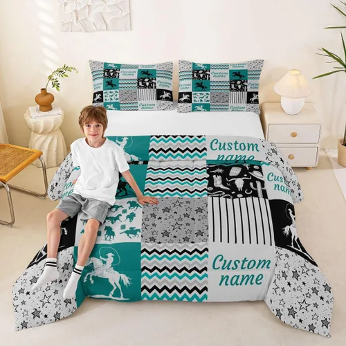 Miniatura 59 de Juego de edredón de softbol personalizado, juego de ropa de cama de retazos a cuadros para niños y niños, edredón de bate de béisbol, juego