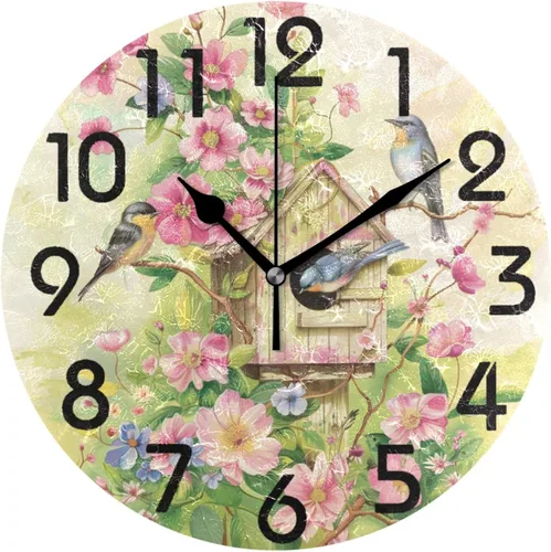 Pretty Sping Flowers Birdhouse Family Birds Reloj de pared redondo, 10 pulgadas, analógico, silencioso, sin tictac, para el hogar, cocina, sala de