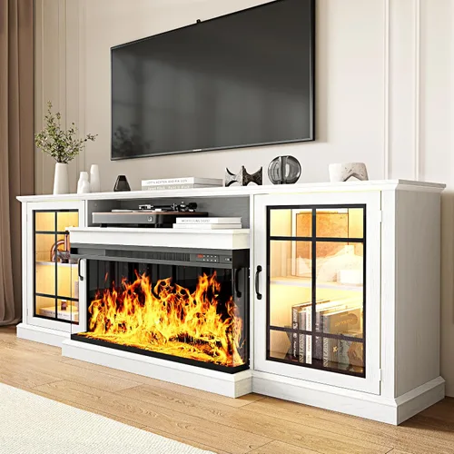 Miniatura 18 de MXV - Soporte de chimenea para TV de 59 pulgadas, centro de entretenimiento estilo granja con soporte de TV de 3 lados de vidrio, consola multimedia