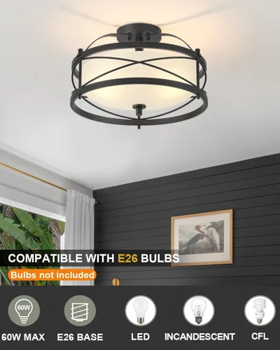 Miniatura 2 de Accesorios de luz de tambor para entrada, lámpara de techo rústica de montaje semiempotrado para pasillo, sala de estar, dormitorio, cocina (negro)